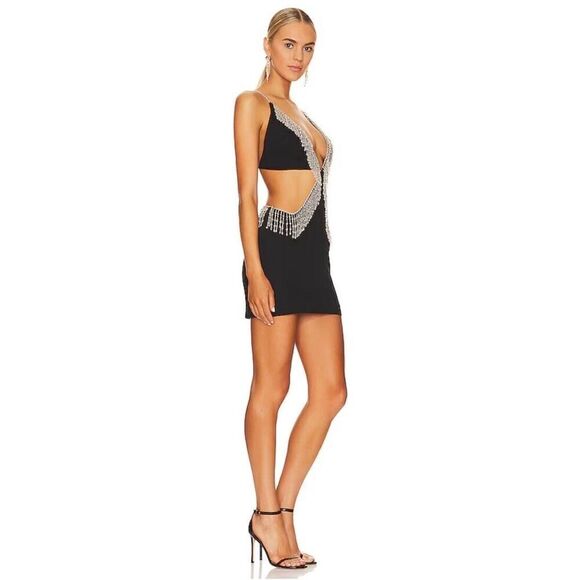 NBD Lali Dress Beaded Fringe Black Cut Out Mini Halter Revolve $328 NWT S - Picture 3 of 12